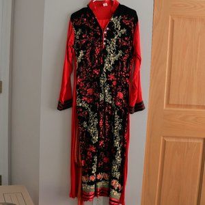 Red and Black Embroidered Long Churidar Shalwar Kameez Kurta